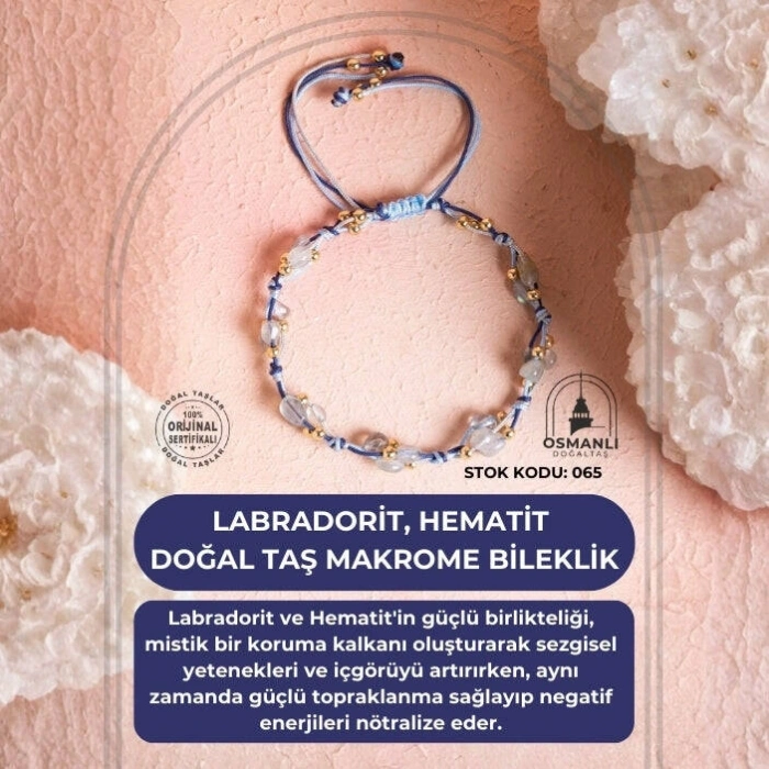 Sertifikalı Labradorit, Hematit Doğal Taş Makrome Bileklik (SK:081)