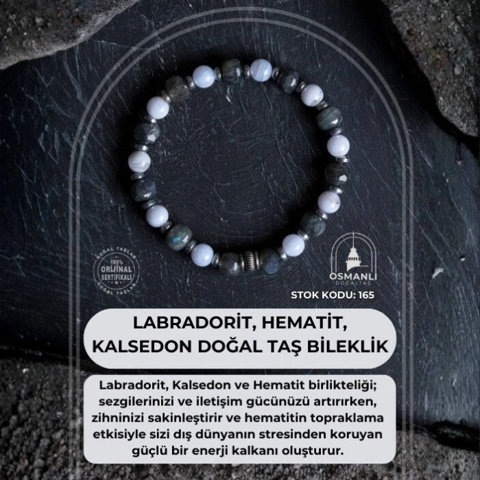 Sertifikalı Labradorit, Hematit ve Kalsedon Doğal Taş Bileklik (SK:165)