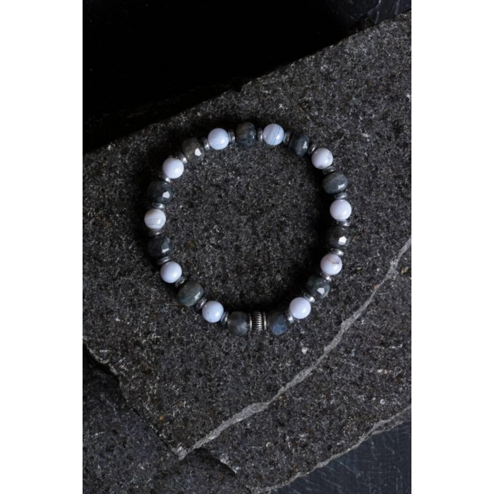 Sertifikalı Labradorit, Hematit ve Kalsedon Doğal Taş Bileklik (SK:165)