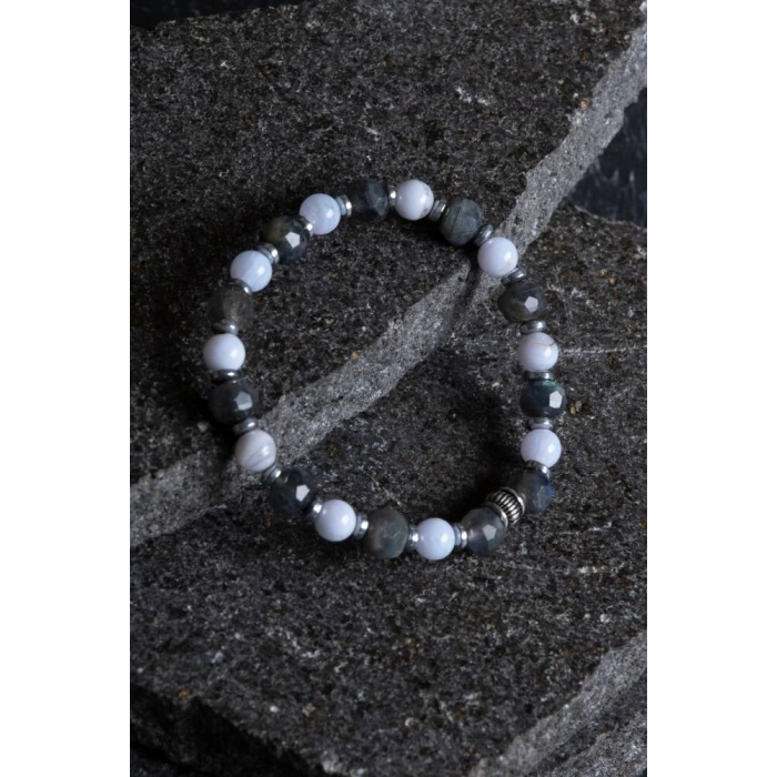 Sertifikalı Labradorit, Hematit ve Kalsedon Doğal Taş Bileklik (SK:165)