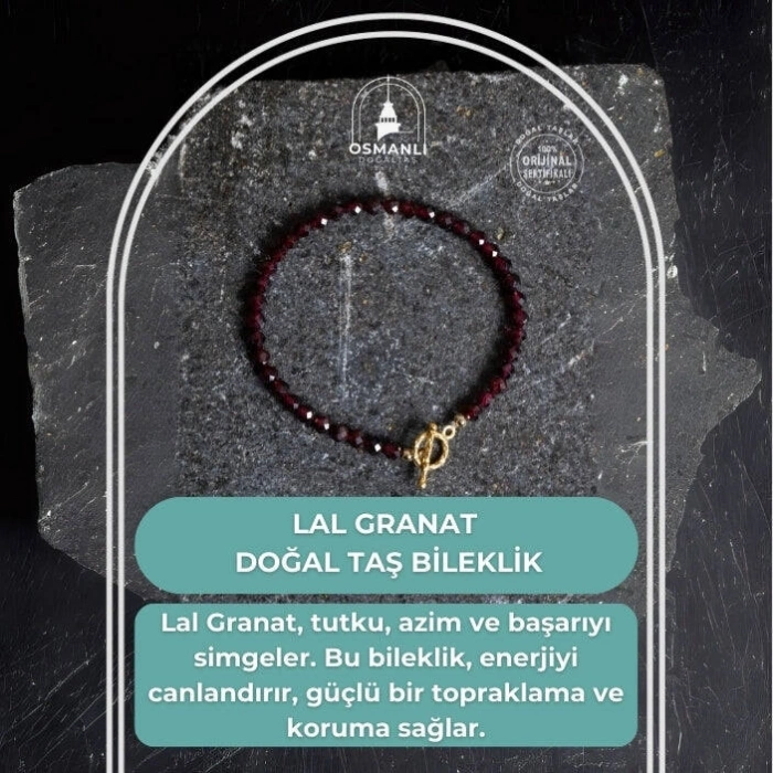 Sertifikalı Lal Granat Altın Kaplama Fasetli  Doğal Taş Bileklik
