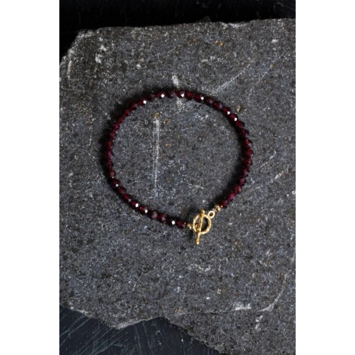 Sertifikalı Lal Granat Altın Kaplama Fasetli  Doğal Taş Bileklik