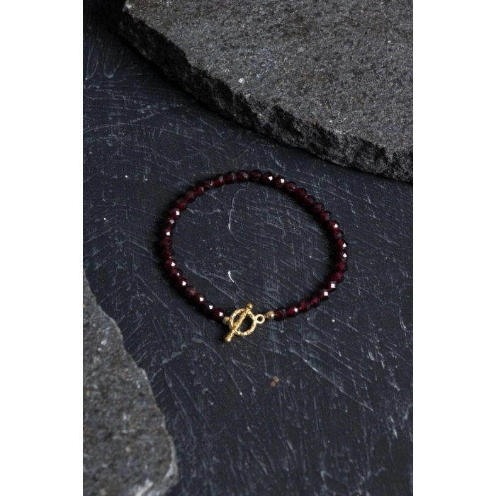 Sertifikalı Lal Granat Altın Kaplama Fasetli  Doğal Taş Bileklik