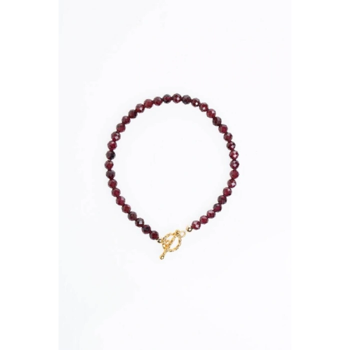 Sertifikalı Lal Granat Altın Kaplama Fasetli  Doğal Taş Bileklik