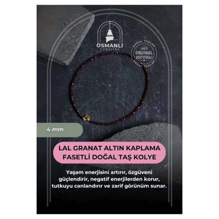Sertifikalı Lal Granat Altın Kaplama Fasetli  Doğal Taş Kolye