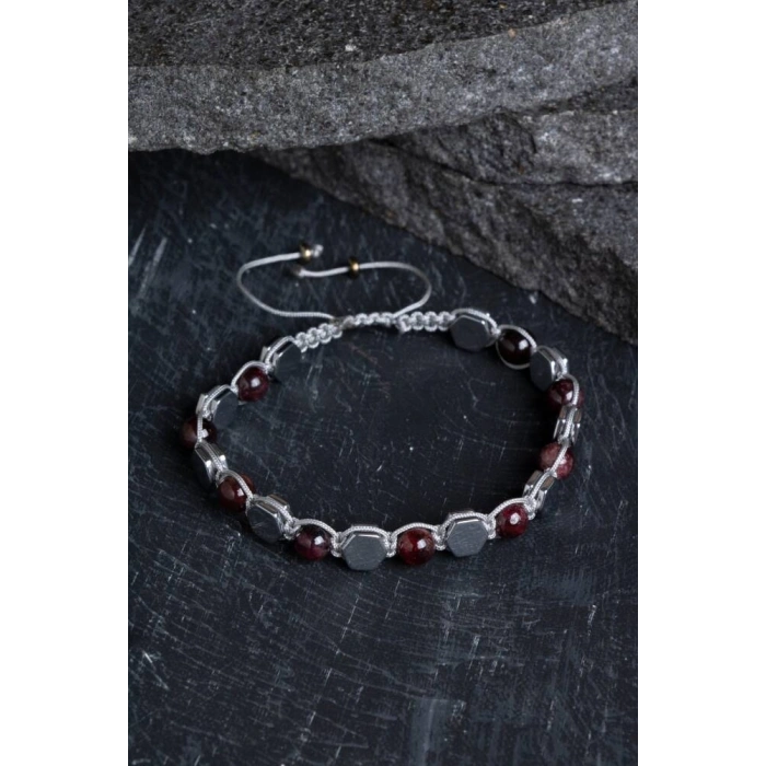 Sertifikalı Lal, Hematit Doğal Taş Makrome Bileklik