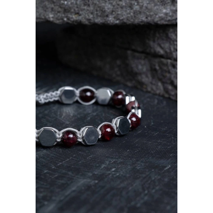 Sertifikalı Lal, Hematit Doğal Taş Makrome Bileklik