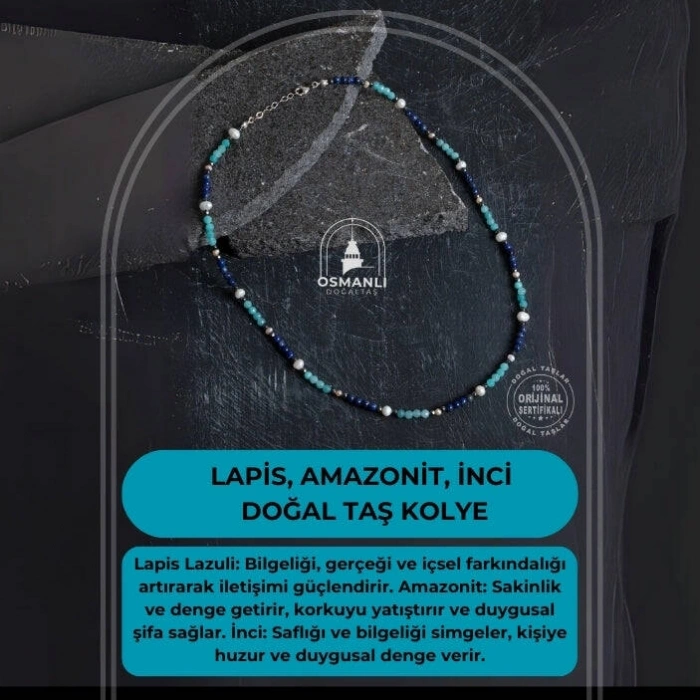 Sertifikalı Lapis, Amazonit, İnci Doğal Taş Kolye