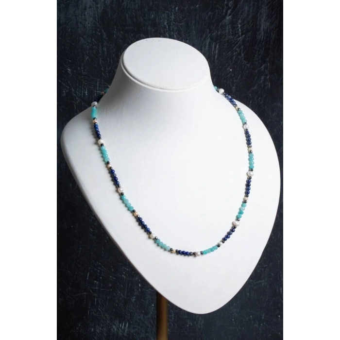 Sertifikalı Lapis, Amazonit, İnci Doğal Taş Kolye