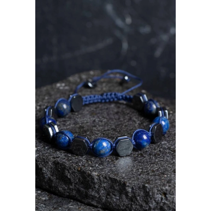 Sertifikalı Lapis Lazuli, Hematit Doğal Taş Makrome Bileklik (SK:360)
