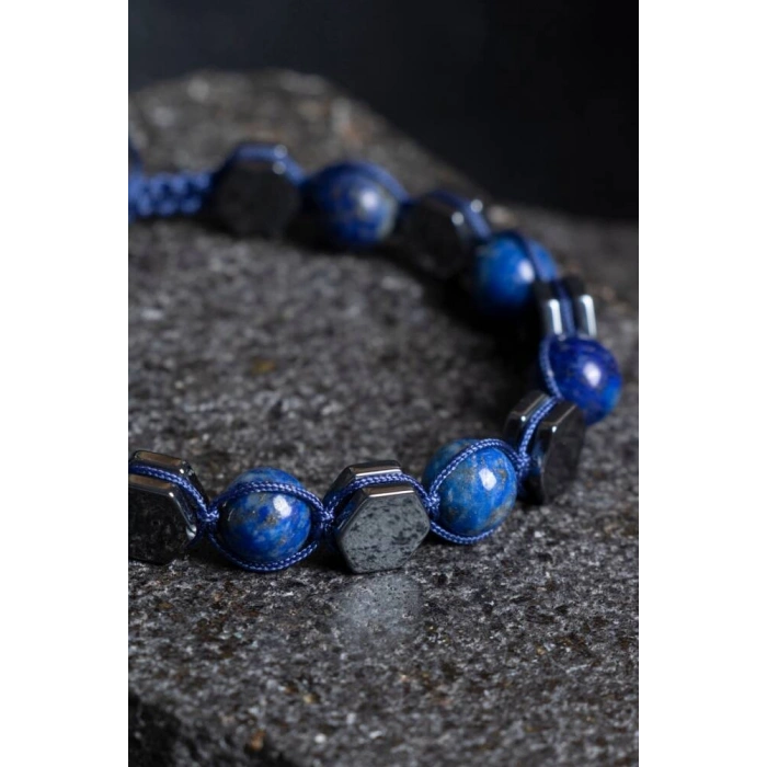 Sertifikalı Lapis Lazuli, Hematit Doğal Taş Makrome Bileklik (SK:360)
