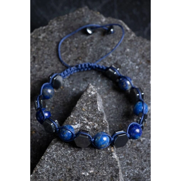 Sertifikalı Lapis Lazuli, Hematit Doğal Taş Makrome Bileklik (SK:360)