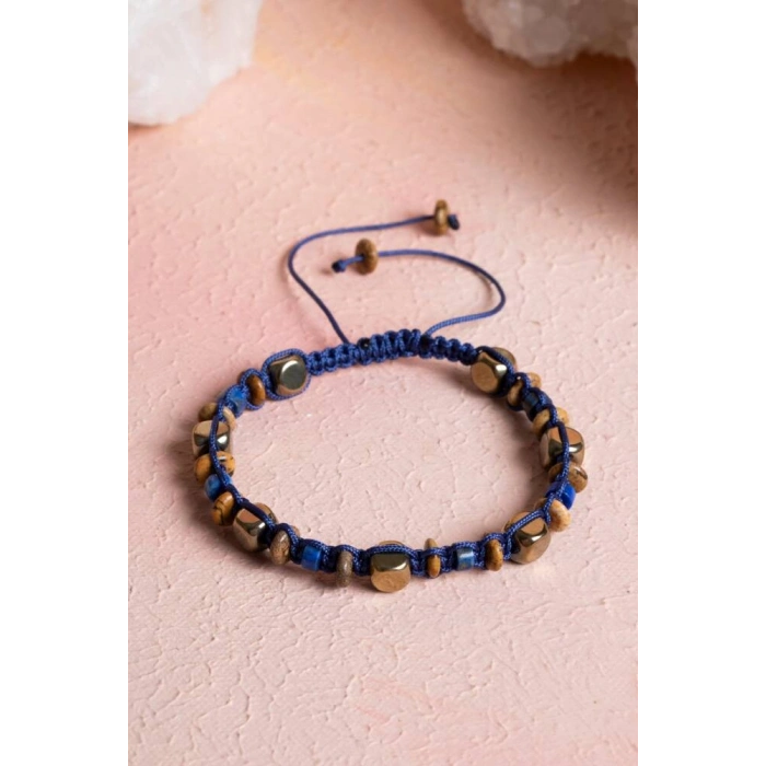 Sertifikalı Lapis Lazuli, Jasper, Hematit Doğal Taş Makrome Bileklik (SK:079)