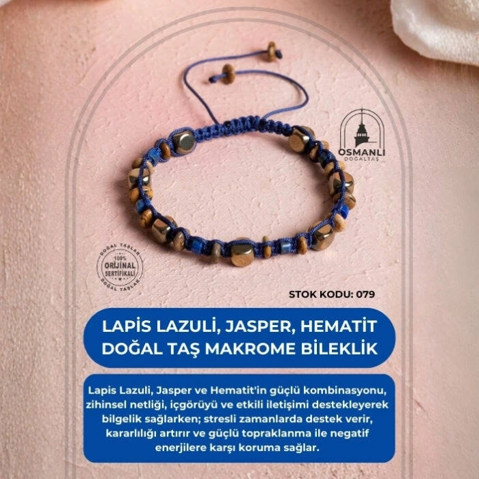 Sertifikalı Lapis Lazuli, Jasper, Hematit Doğal Taş Makrome Bileklik (SK:079)