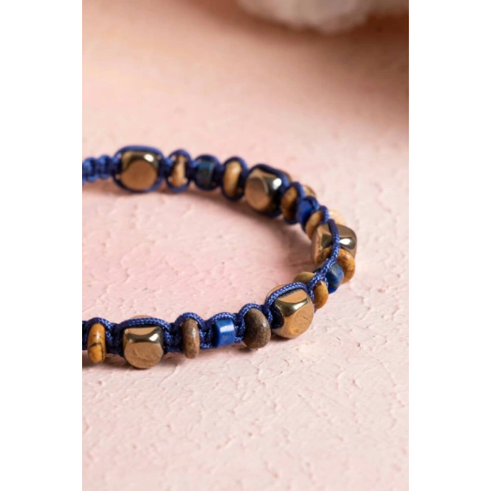 Sertifikalı Lapis Lazuli, Jasper, Hematit Doğal Taş Makrome Bileklik (SK:079)