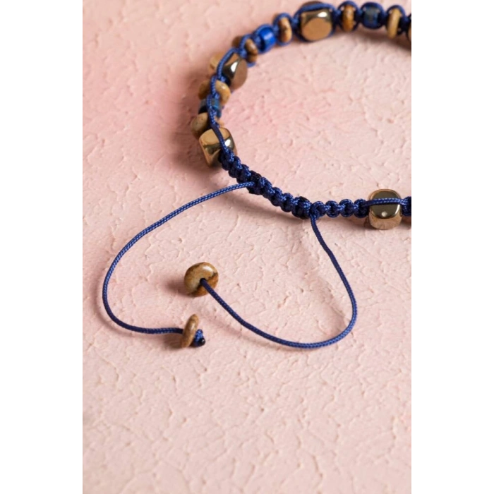Sertifikalı Lapis Lazuli, Jasper, Hematit Doğal Taş Makrome Bileklik (SK:079)
