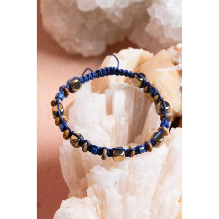 Sertifikalı Lapis Lazuli, Jasper, Hematit Doğal Taş Makrome Bileklik (SK:079)