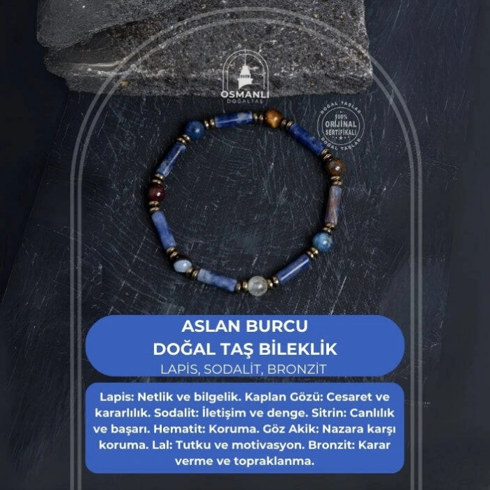 Sertifikalı Lapis, Sodalit ve Bronzit Aslan Burcu Bileklik