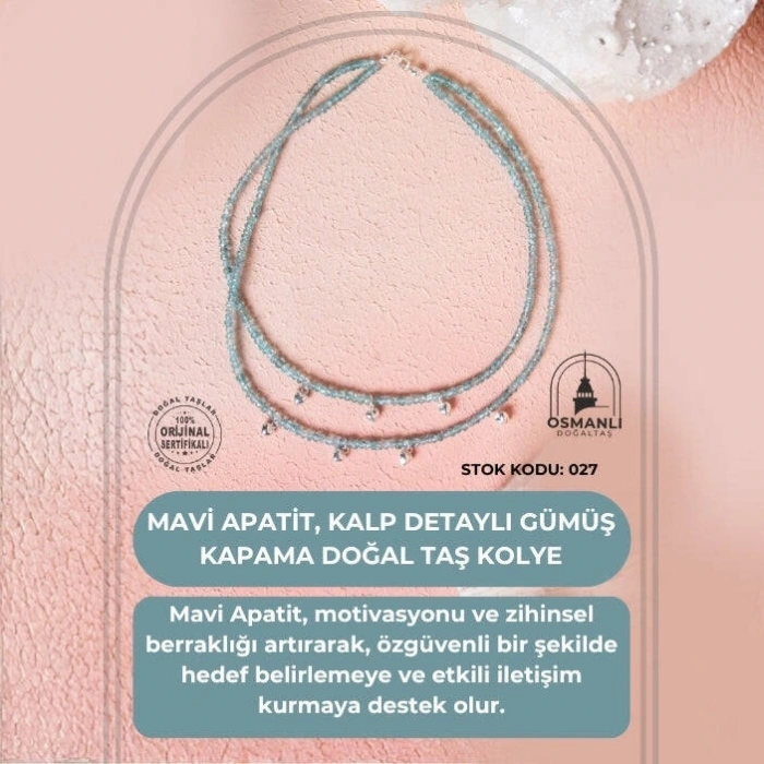 Sertifikalı Mavi Apatit, Kalp Detaylı Gümüş Kapama Doğal Taş Kolye (SK:027)