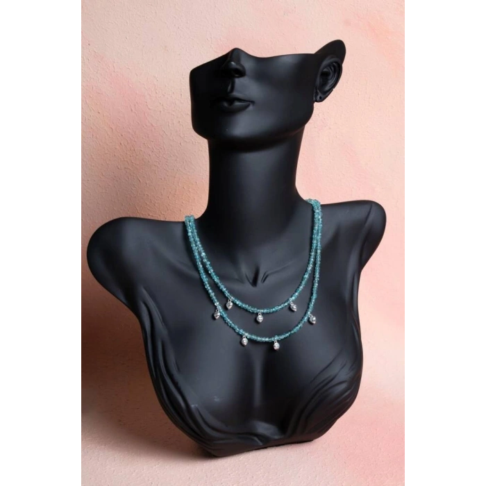 Sertifikalı Mavi Apatit, Kalp Detaylı Gümüş Kapama Doğal Taş Kolye (SK:027)