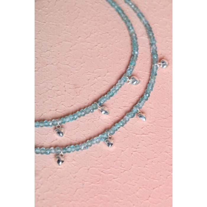 Sertifikalı Mavi Apatit, Kalp Detaylı Gümüş Kapama Doğal Taş Kolye (SK:027)