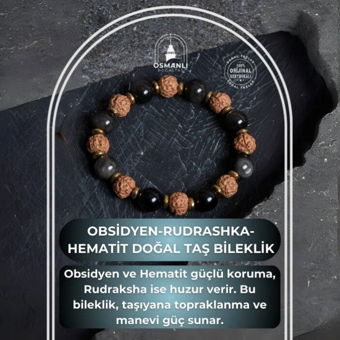 Sertifikalı Obsidyen, Rudrashka, Hematit Doğal Taş Bileklik