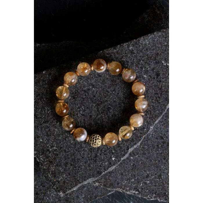 Sertifikalı Odun Jasper, Sitrin Zirkon Aparatlı Doğal Taş Bileklik-10 mm (SK:175)