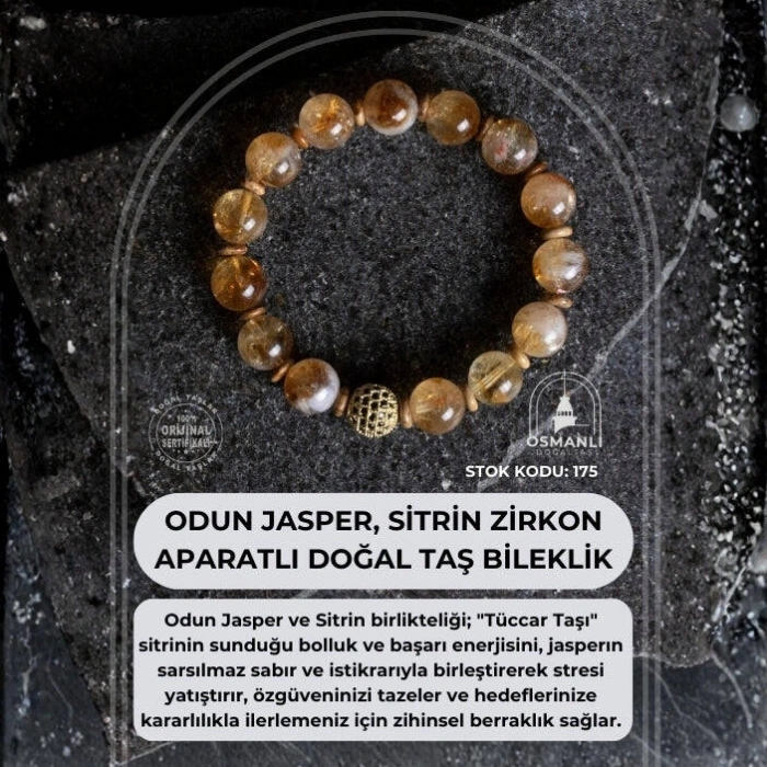 Sertifikalı Odun Jasper, Sitrin Zirkon Aparatlı Doğal Taş Bileklik-10 mm (SK:175)