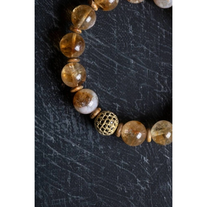 Sertifikalı Odun Jasper, Sitrin Zirkon Aparatlı Doğal Taş Bileklik-10 mm (SK:175)