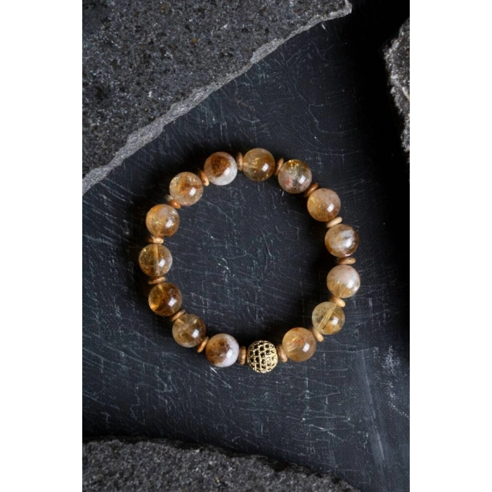 Sertifikalı Odun Jasper, Sitrin Zirkon Aparatlı Doğal Taş Bileklik-10 mm (SK:175)
