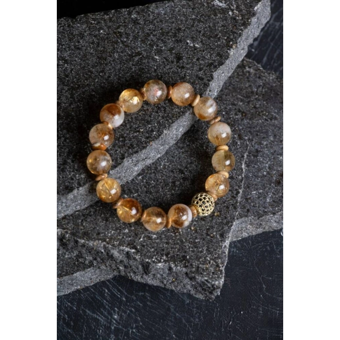 Sertifikalı Odun Jasper, Sitrin Zirkon Aparatlı Doğal Taş Bileklik-10 mm (SK:175)