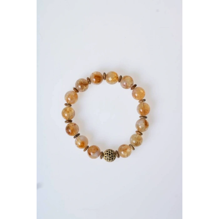 Sertifikalı Odun Jasper, Sitrin Zirkon Aparatlı Doğal Taş Bileklik-10 mm (SK:175)