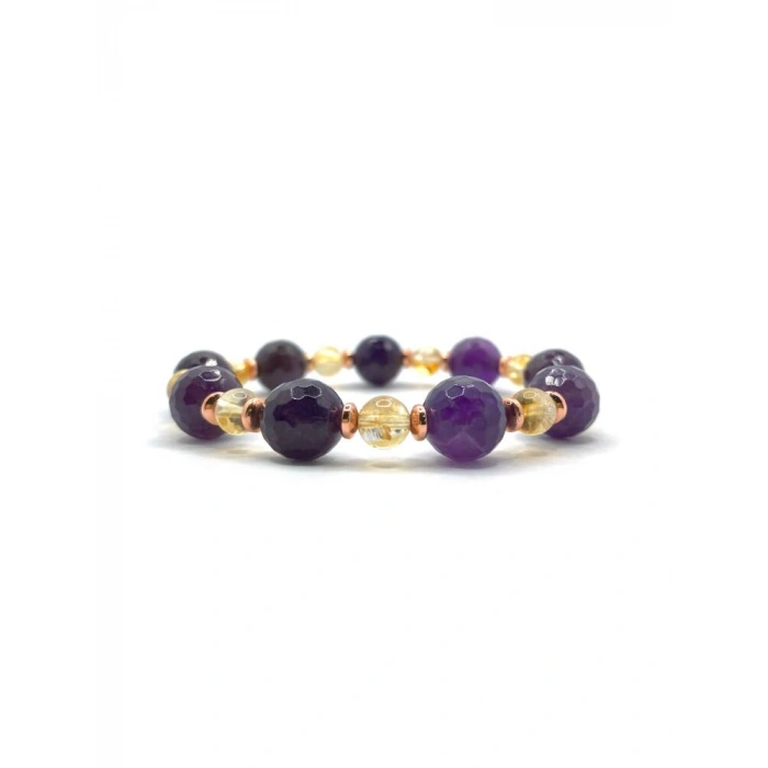 Sertifikalı Orijinal Hakiki 10mm Fasetli Ametist - 6 mm Sitrin - Hematit Misinalı Bileklik