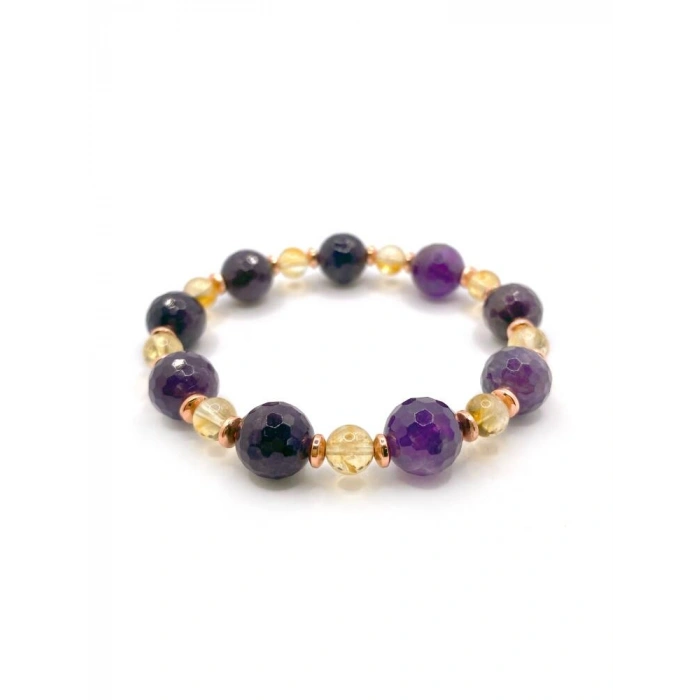 Sertifikalı Orijinal Hakiki 10mm Fasetli Ametist - 6 mm Sitrin - Hematit Misinalı Bileklik