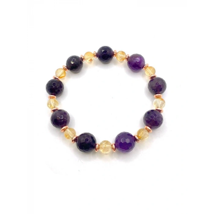 Sertifikalı Orijinal Hakiki 10mm Fasetli Ametist - 6 mm Sitrin - Hematit Misinalı Bileklik