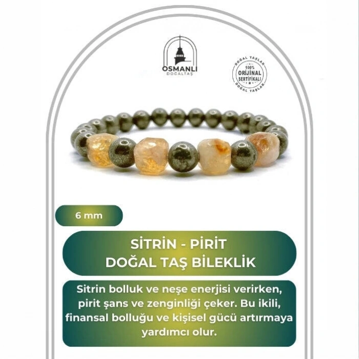 Sertifikalı Orijinal Hakiki 6mm Sitrin - Pirit Doğal Taş Misinalı Bileklik