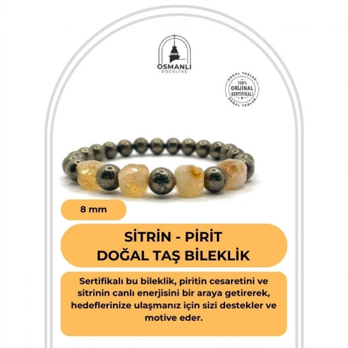 Sertifikalı Orijinal Hakiki 8mm Sitrin - Pirit Doğal Taş Misinalı Bileklik