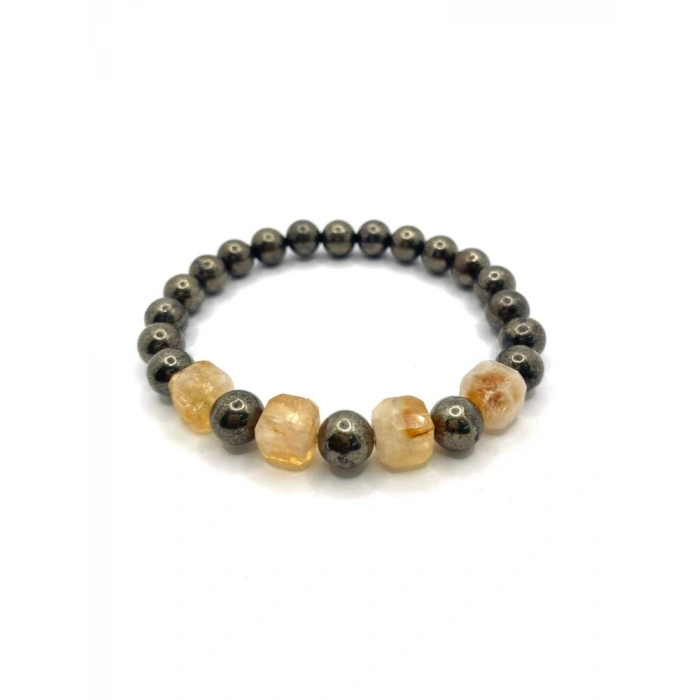 Sertifikalı Orijinal Hakiki 8mm Sitrin - Pirit Doğal Taş Misinalı Bileklik