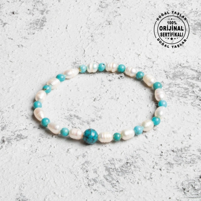 Sertifikalı Orijinal İnci Firuze Doğal Taş Bileklik-Nazar 4mm-6mm-8mm