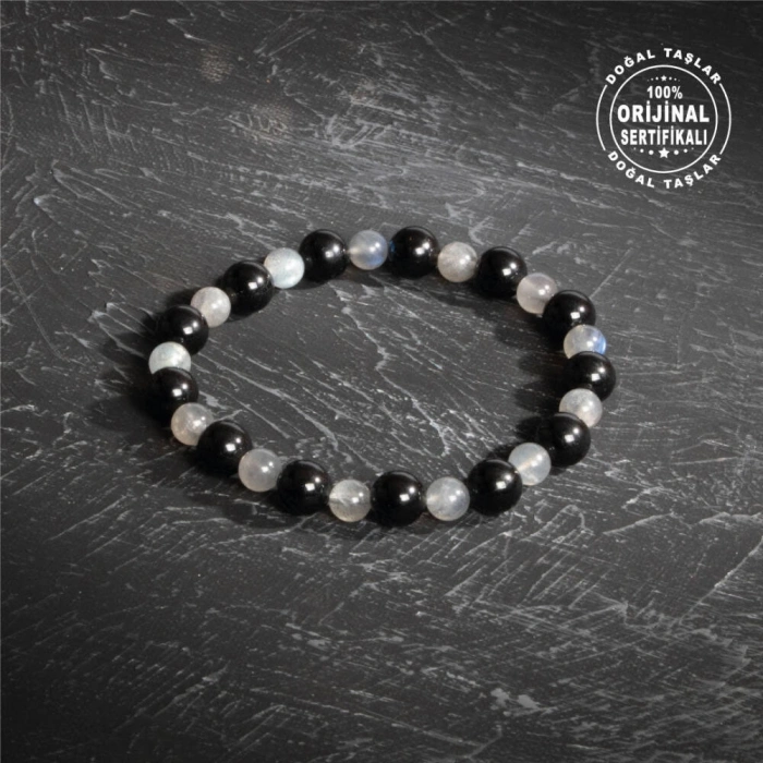 Sertifikalı Orijinal Labrodorit Siyah Turmalin Doğal Taş Bileklik