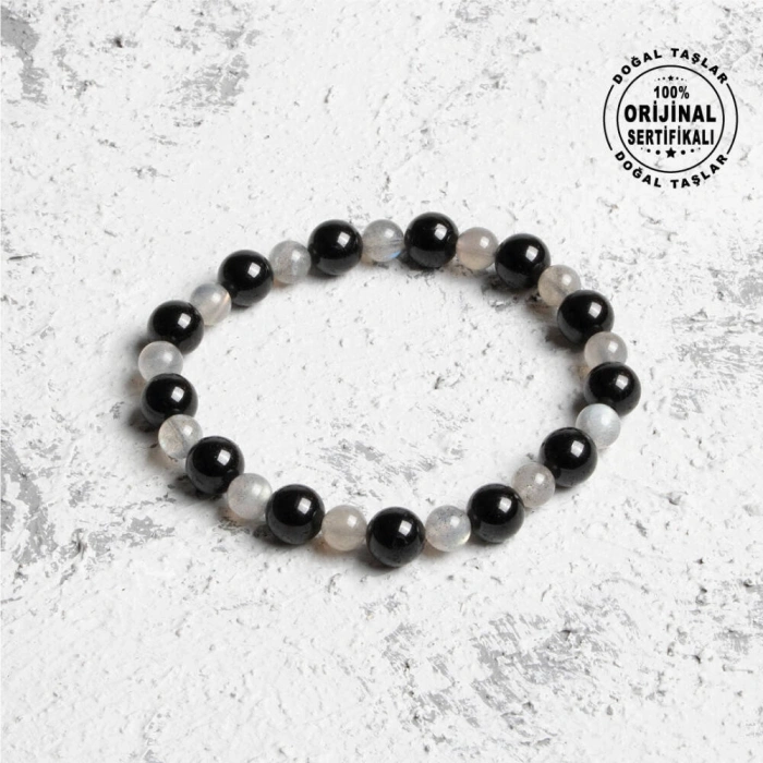 Sertifikalı Orijinal Labrodorit Siyah Turmalin Doğal Taş Bileklik
