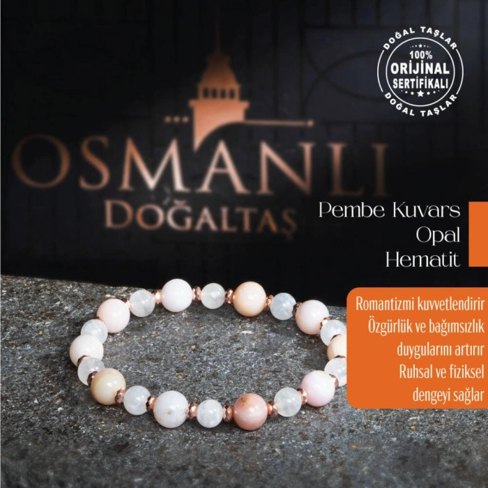 Sertifikalı Orijinal Pembe Kuvars Opal Hematit Doğal Taş Bileklik