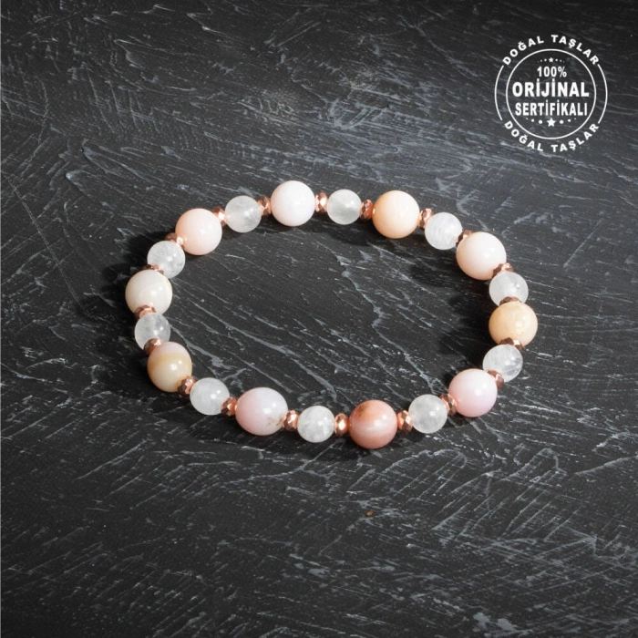 Sertifikalı Orijinal Pembe Kuvars Opal Hematit Doğal Taş Bileklik