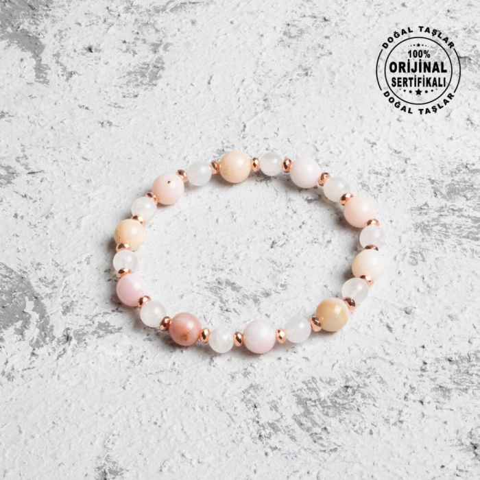 Sertifikalı Orijinal Pembe Kuvars Opal Hematit Doğal Taş Bileklik