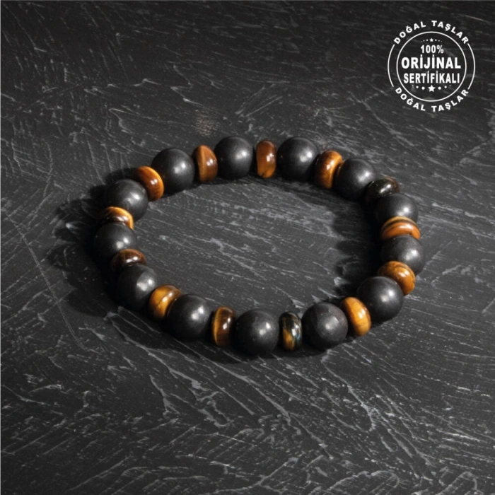 Sertifikalı Orijinal Şungit Dar Kesim Kaplan Gözü Doğal Taş Bileklik