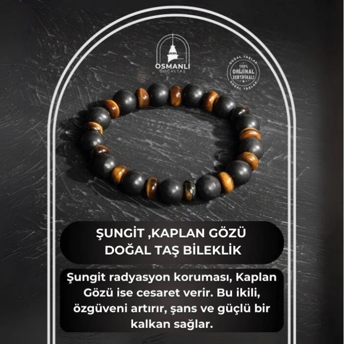 Sertifikalı Orijinal Şungit Dar Kesim Kaplan Gözü Doğal Taş Bileklik