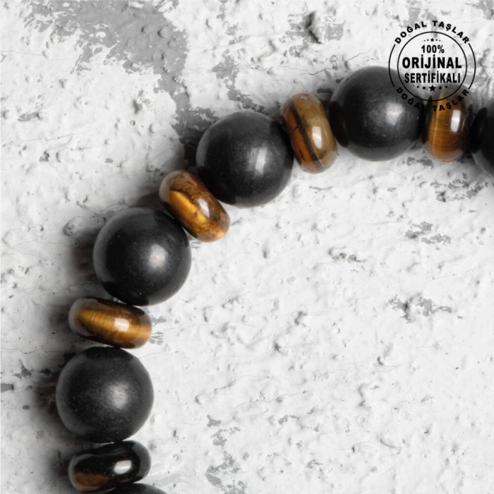 Sertifikalı Orijinal Şungit Dar Kesim Kaplan Gözü Doğal Taş Bileklik