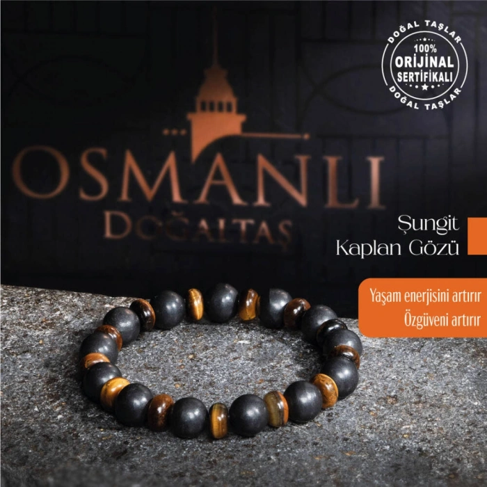 Sertifikalı Orijinal Şungit Dar Kesim Kaplan Gözü Doğal Taş Bileklik