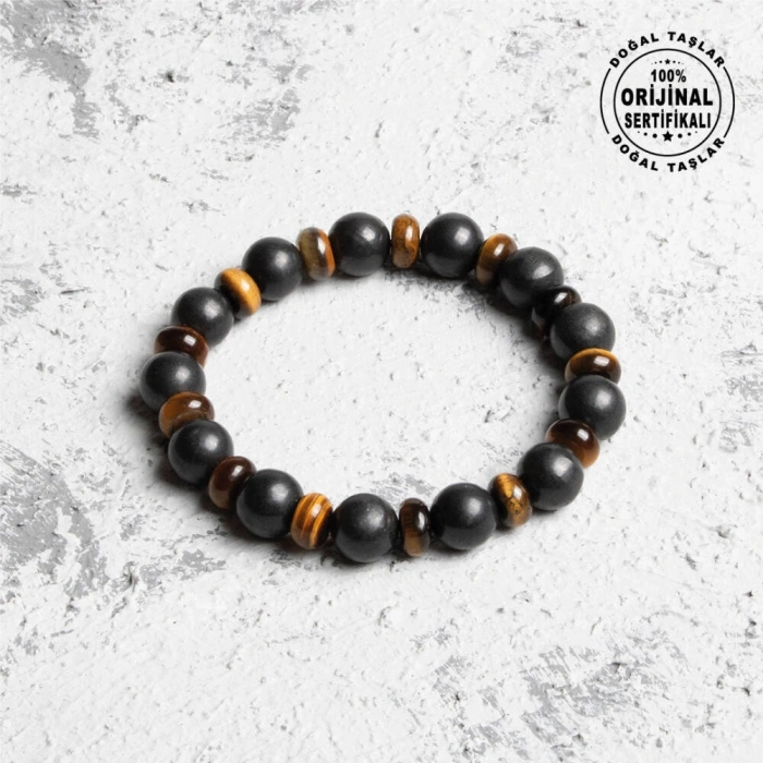 Sertifikalı Orijinal Şungit Dar Kesim Kaplan Gözü Doğal Taş Bileklik