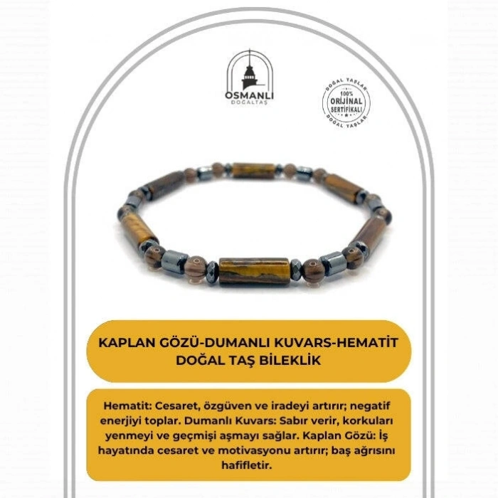 Sertifikalı Orjinal Kaplan Gözü-Dumanlı Kuvars-Hematit Doğal Taş Bileklik